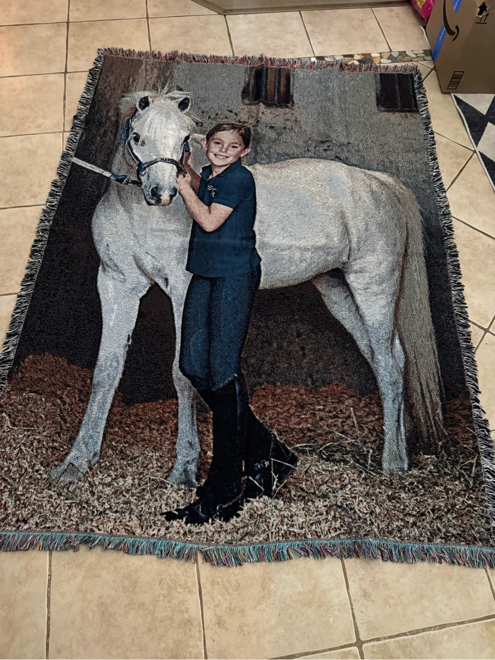 Custom Photo Tapestry Throw Blanket Girl & White Horse Equestrian Fringe